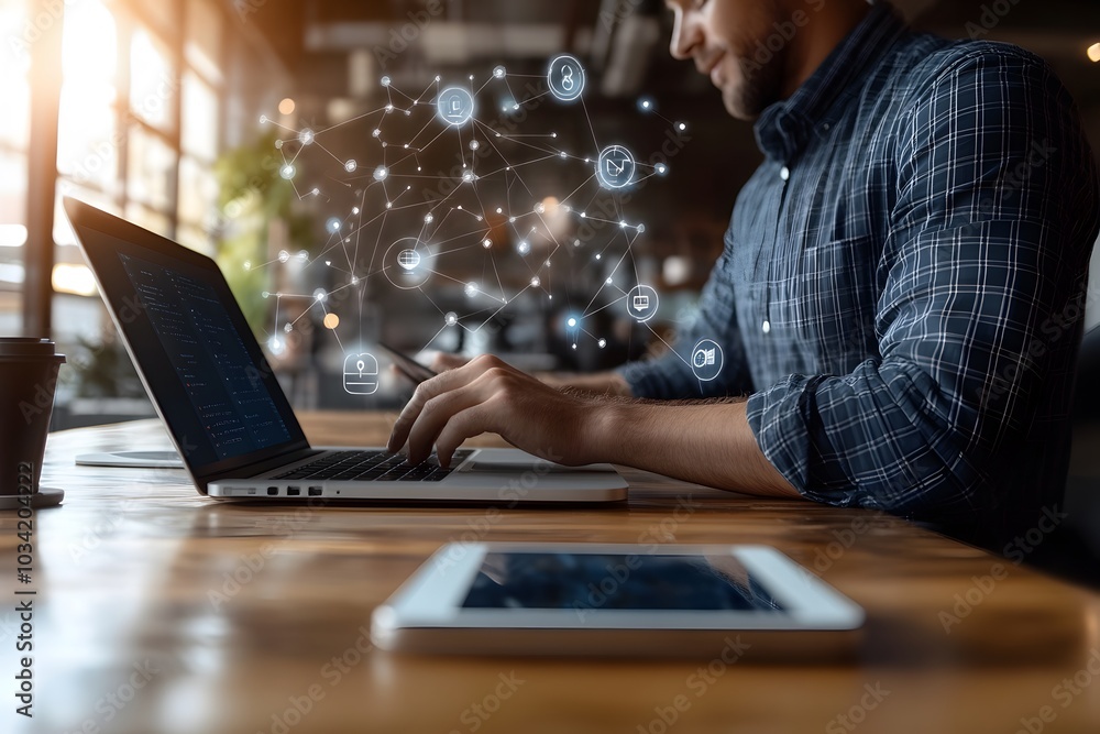 Poster a man using a laptop with a network of digital icons above it