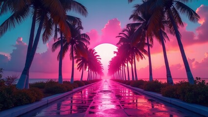 Tropical Paradise Sunset with Palm Trees and Retro 80 vibes, vice,  game aesthetic 
