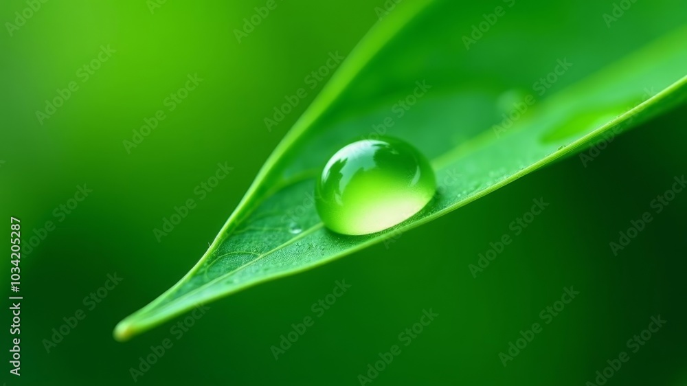 Wall mural a drop of dew on a green leaf after rain