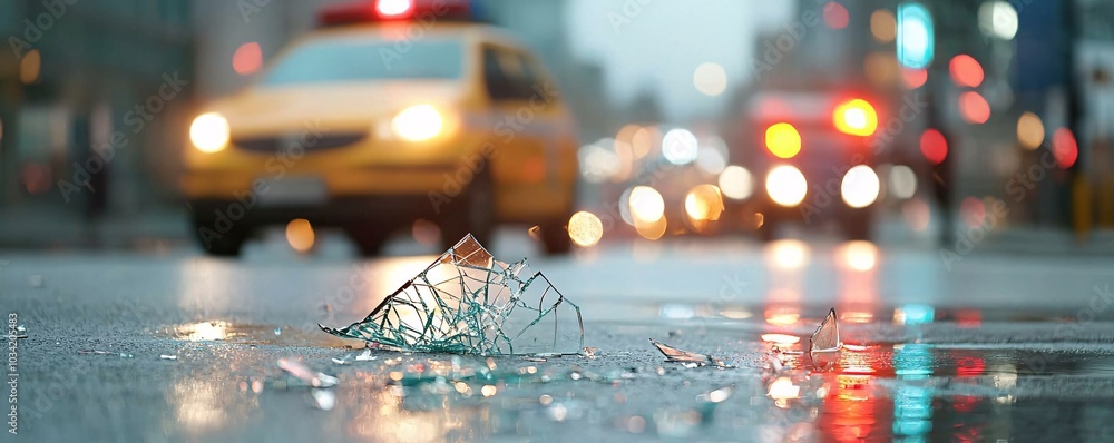 Poster emergency response scene with flashing lights and shattered windshield - intense chaos and grim atmo