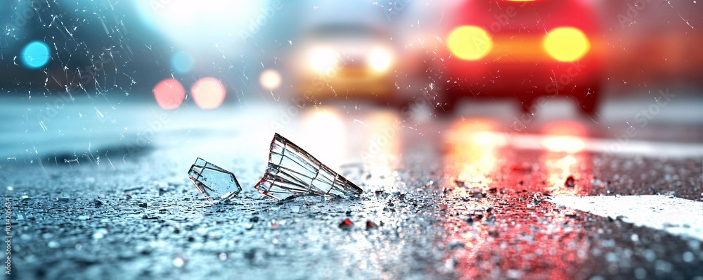 Poster emergency response scene with shattered windshield and flashing lights - capturing the chaos and ten