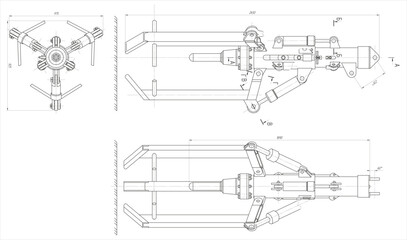 Vector mechanical part earthmoving machine (excavator).
Engineering assembly drawing of steel device
with dimension lines. Industrial technic 
cad scheme on white paper sheet. Machined tool - shaft. 