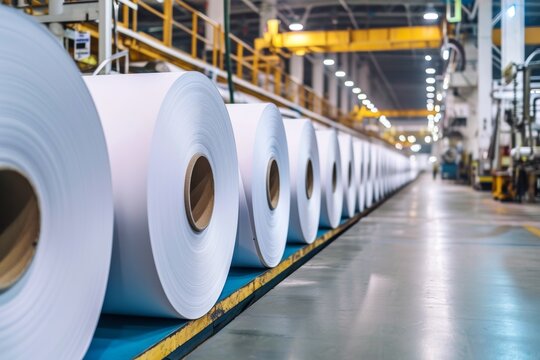 Rows of pristine white paper rolls await processing in a modern facility, showcasing the scale and efficiency of the paper production industry