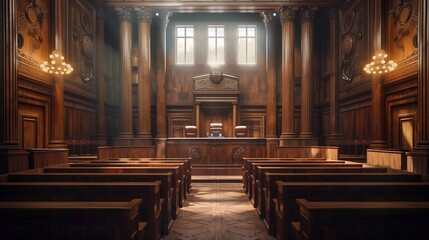 Fototapeta premium A dignified courtroom is set for a judicial decision, showcasing intricate woodwork and elegant lighting, creating a serious atmosphere