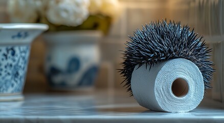 Creative bathroom decor featuring a textured hedgehog-shaped toilet paper roll.