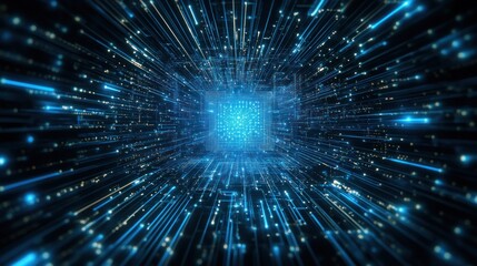 Naklejka premium Futuristic Data Stream Convergence in a Glowing Matrix Tunnel Landscape