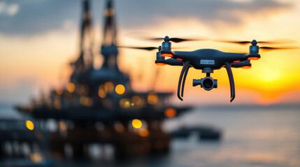 Capturing monitoring drone in action during sunset over oil rig