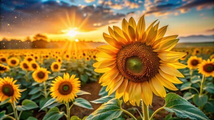 Obraz premium A single sunflower blooms brightly in a field of yellow flowers, basking in the warm glow of a setting sun, with a soft focus on the distant horizon.