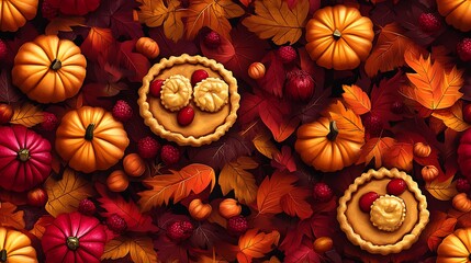 Happy tiny pies, cheerful turkeys, and pumpkins scattered among rich fall leaves, warm sunlight and soft shadows creating a seamless Thanksgiving pattern. --ar 16:9 --tile