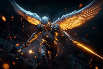 Obraz premium Cyberpunk angel glowing against a dark cityscape, spreading hope and energy