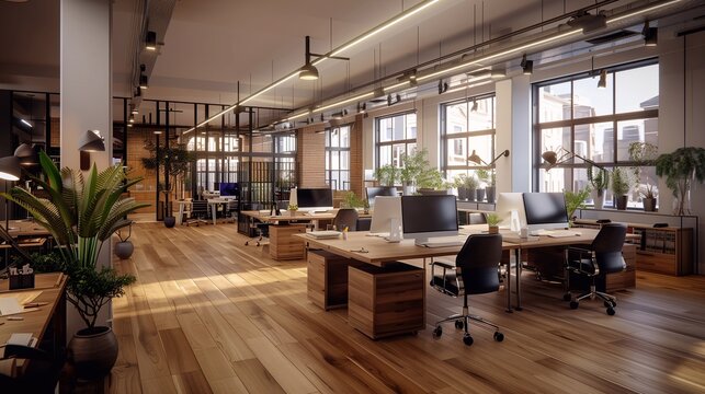 A contemporary office layout with wooden flooring, abundant natural light, plants, and workstations designed for collaboration and productivity