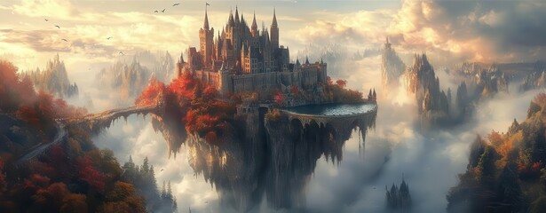 Majestic floating castle surrounded by vibrant autumn scenery and serene waters.