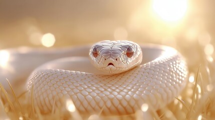 Fototapeta premium Majestic white snake coiled in sunlit meadow: daylight serenity and mystical beauty