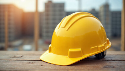 Yellow safety construction helmet on wood table with construction site background, surrounded by tools, embodying a typical workshop atmosphere, highlighting workplace safety and practicality. 