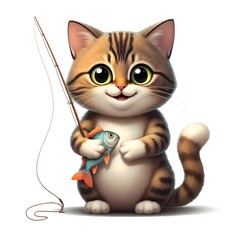Obraz premium Charming Cat Character Holding Fish and Fishing Rod in Paws