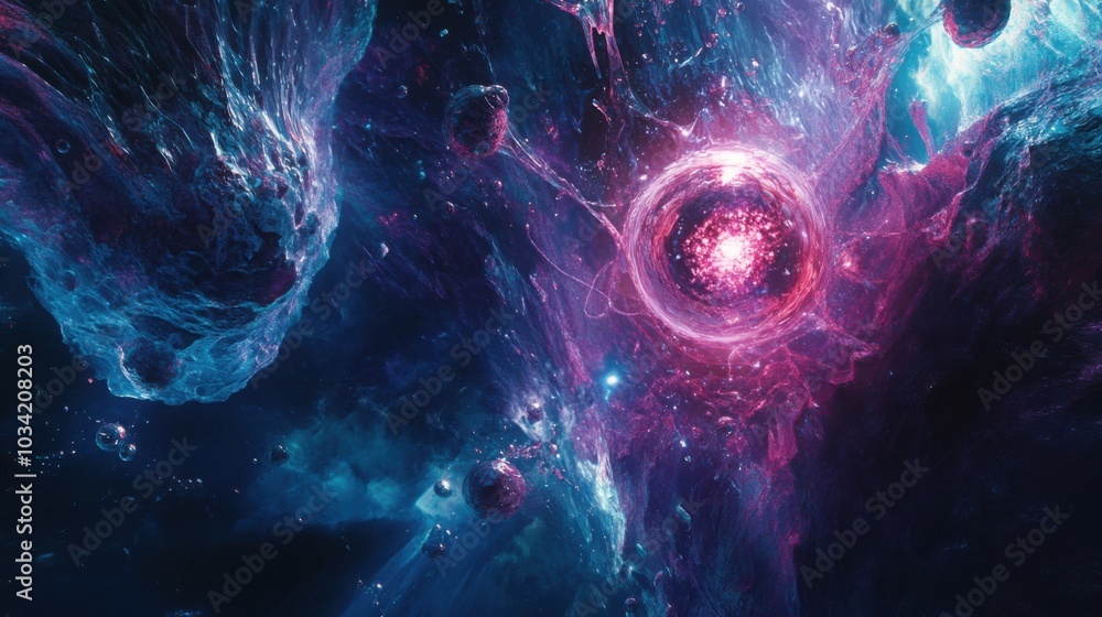 Poster a futuristic, abstract representation of the creation of life at the cellular level.