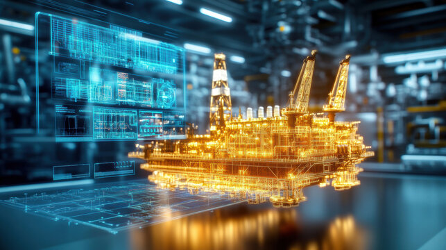 Digital hologram of oil platform control systems showcasing advanced technology and design
