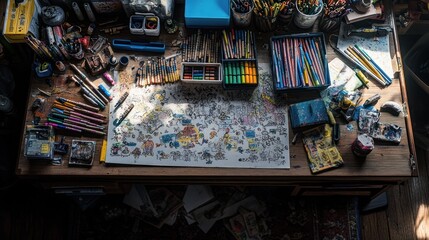 Obraz premium A cluttered artist's desk with various drawing tools, colorful art supplies and an unfinished drawing spread out on the surface.
