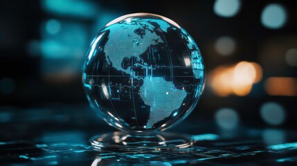 A glass globe with a blue digital map of the world on a dark background with a blur of blue and yellow lights.