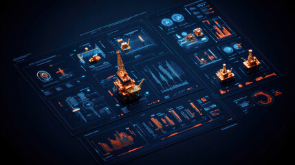 Digital interface displaying real time data from oil rig with graphs and metrics