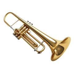 Obraz premium A shiny brass trumpet lying on a white surface with its bell facing outward, showcasing its intricate valves and craftsmanship