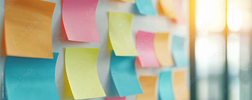 Poster creative brainstorming session with sticky notes in modern coworking space - teamwork and innovative