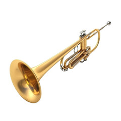 A close-up view of a shiny golden trumpet resting on a transparent background, showcasing its elegant design and craftsmanship