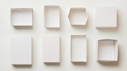 White Empty Carton Boxes Display, a clean and minimalist arrangement of unmarked white boxes, ideal for packaging and storage solutions, set against a pure white backdrop.