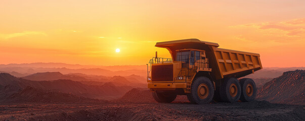 large yellow haul truck parked on mining site at sunset, surrounded by rugged terrain and mountains. warm glow of sun enhances industrial landscape, creating striking scene