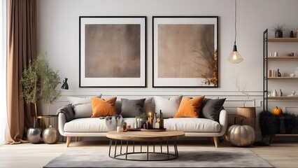 Modern minimalist vertical wall art mockup with sofa for Halloween, blank frame for vertical wall art living room mockup, Halloween spooky scary vibes of the room interior