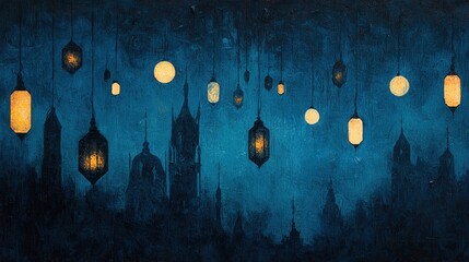 Obraz premium Mystical night lanterns illuminate gothic city skyline with deep blue skies