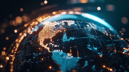 A glowing digital globe with North America highlighted, representing global connectivity and data flow.