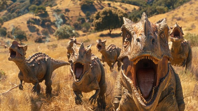 Group of aggressive dinosaurs charging forward across dry, grassy landscape under the sun. Open-mouthed roar, showcasing sharp teeth and rugged skin. Scene of prehistoric survival and dominance.