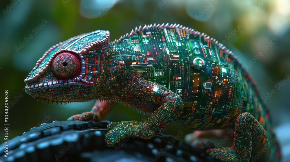 Poster a chameleon with a circuit board pattern on its skin, blending seamlessly with the natural environme