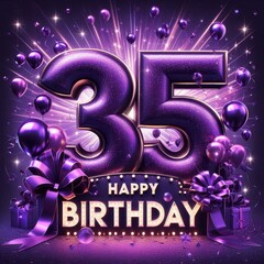Fototapeta premium Colorful 35th birthday celebration with balloons, gifts, and sparkles.