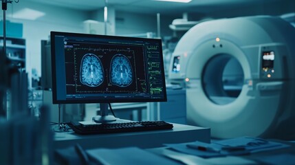 Advanced medical diagnostic workstation featuring enhanced MRI and CT scan technology in a hospital laboratory, showcasing cutting-edge healthcare equipment in a clinical setting