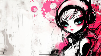 Colorful Manga-Style Watercolor Background with Cyberpunk-Inspired Girl Character.