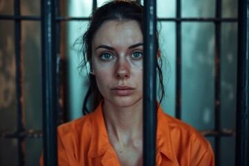 A female prisoner in an aged orange uniform looks directly at the camera while standing behind metal bars in her prison cell, portraying a strong sense of confinement and resilience