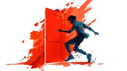 Naklejka premium Dynamic illustration of a person running towards a red door with abstract paint strokes