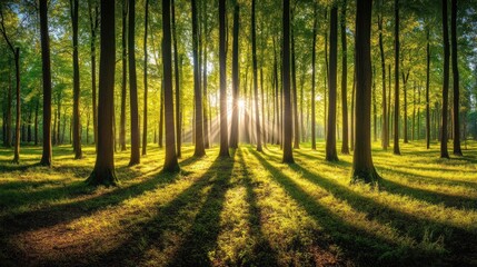 Obraz premium Sunbeams shine through the trees in a lush green forest.