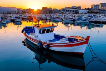 Fototapeta premium Fishing boats anchored in Durres harbor, reflecting on calm water at sunrise