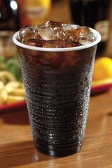 Refreshing cold black coffee in a clear cup with ice at a cozy café setting. Generative AI