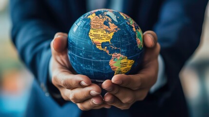 Fototapeta premium Close-up of a businessman's hands holding a globe.