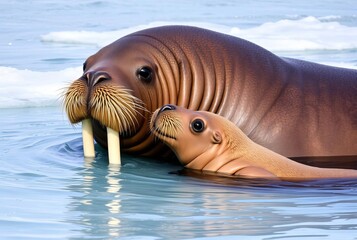 Walrus Mother and Calf A walrus mother nudging her calf in icy w