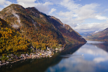 Aerial view of Hallstatt village and lake in autumn, Austria
