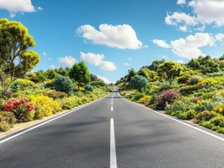 Fototapeta premium Empty asphalt road leading into a scenic landscape with lush greenery and blue sky.
