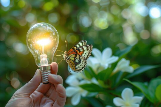 Main tenant une ampoule LED classe A basse consommation avec un fond nature en arri&egrave;re plan et un papillon