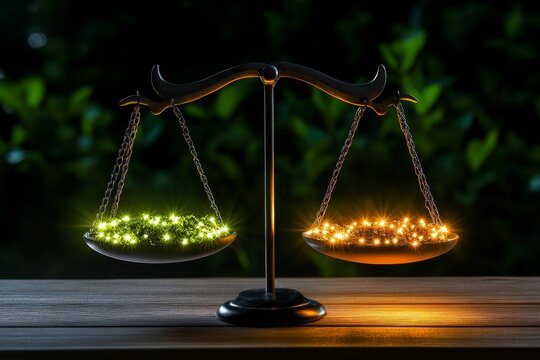 Good and evil symbols balanced on scales, with light gently tipping the balance in favor of good