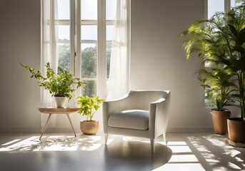 White chair sits in front of a window with a potted plant