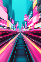 Vibrant city lights and railway tracks